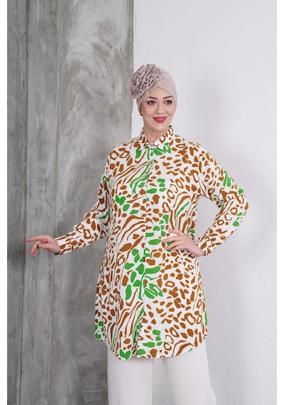 Polologin Butik Yeşil Kahverengi Tunik Ve Beyaz Pantolon Takım Yeşil & Kahverengi & Beyaz