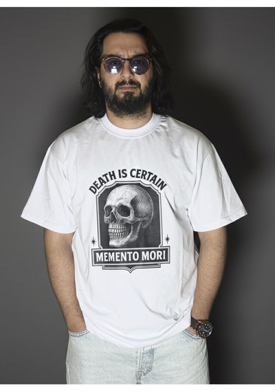 Dark Line Memento Mori Sırt Baskılı %100 Pamuk Unisex Beyaz Oversize T-shirt Beyaz