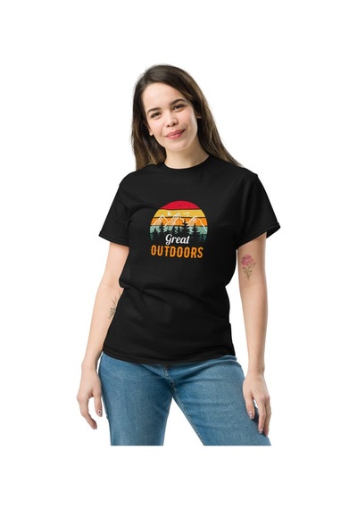 Wildstyle Great Outdoors Retro Dağ Manzara Kamp Doğa Baskılı Unisex Pamuklu Tişört Siyah