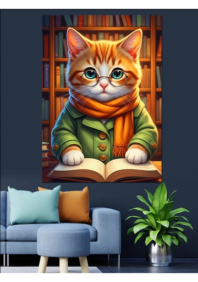 Ahşap Tablo Kitap Okuyan Turuncu Kedi