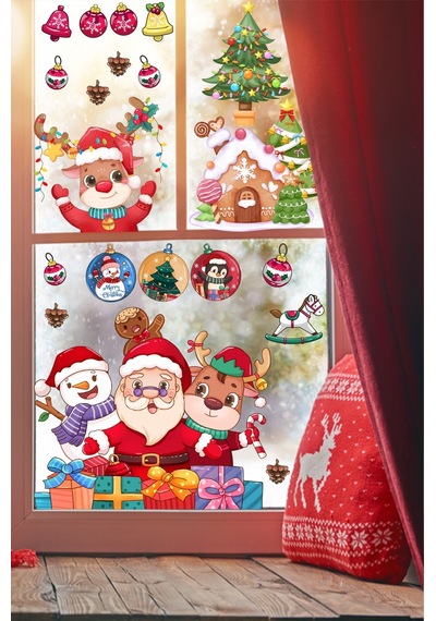 Yılbaşı Sticker Noel Baba Geyik Kardan Adam Ve Işıklı Noel Süsleri Pencere Sticker
