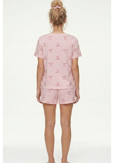 Siyah İnci İnce Soft Örme Mevsimlik Şortlu Pijama Takımı 8045 Pembe Fiyonk