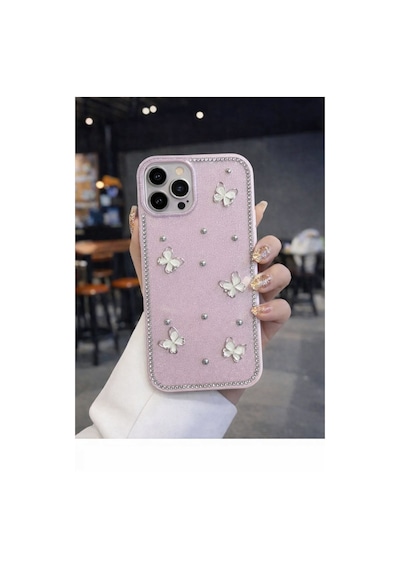 Apple Uyumlu iPhone 15 Pro Kelebek Figürlü Simli İnci Taşlı Lüx Silikon Kılıf Pembe
