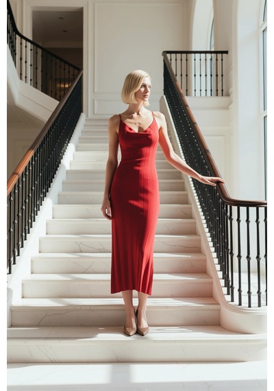 Benerly Kadın Triko Maxi Elbise Kare Yaka Kolsuz Bodycon Kalıp Düz Desen Kırmızı