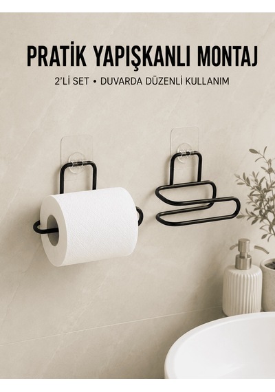 2 Adet Yapışkanlı Wc Kağıtlık Siyah Metal Pratik Duvar Tipi Rulo Çok Renkli