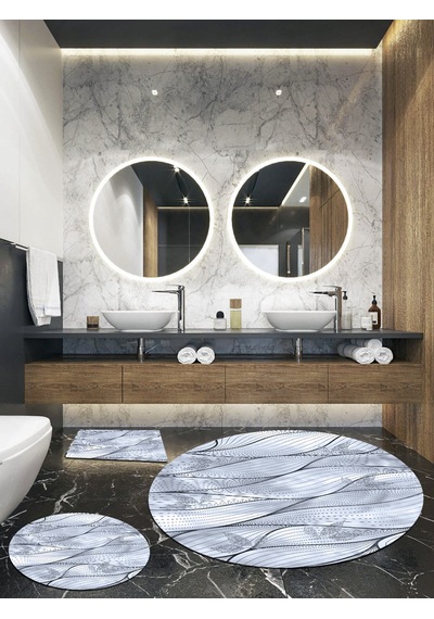 Okyanus - Mavi, Kaymaz, Organik Pamuk Taban Yuvarlak Banyo Hal...-100X100 - 60X60 - 40X60 Cm (3'Lü Set) Çok Renkli