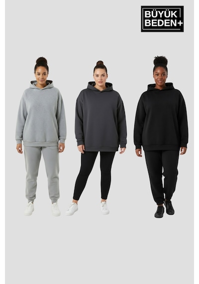 Süperlife Kadın Büyük Beden 3 Lü Set Kollar Ve Etek Ribanalı İnce Kapşonlu Swatshırt Spr26bswk957+3 Grey Mel-smoked-black Süperlife Kadın Büyük Beden 3 Lü Set Kollar Ve Etek Ribanalı İnce Kapşonlu Swatshırt Spr26bswk957+3 Grey Mel-smoked-black