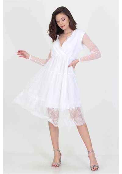 Neşeli Butik Neseli Butik Kruvaze Yaka Eteği Güpür Detaylı Yeni Sezon Elbise Nb0010 Beyaz