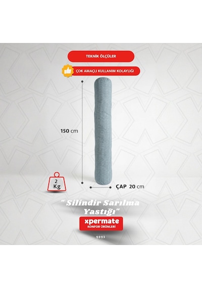 Xpermate Sarılma Yastığı Bacak Arası Yastığı Silindir 150cm Gri
