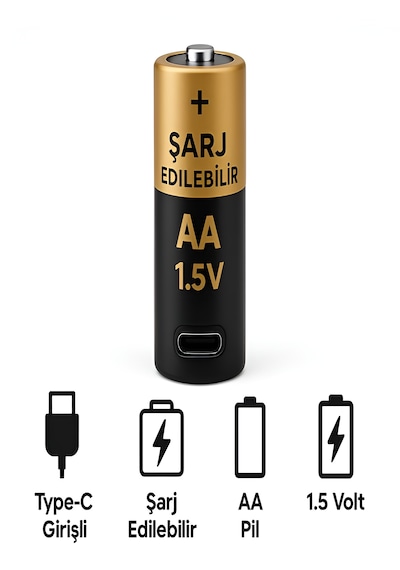 Type-c Şarjlı 2800mwh 1.5v Şarj Edilebilir 2'li Aa Kalın Pil - Lityum İyon Batarya