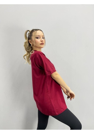 Flood Of Style Kadın Bordo New Rochelle Baskılı Oversize Bisiklet Yaka Tshirt