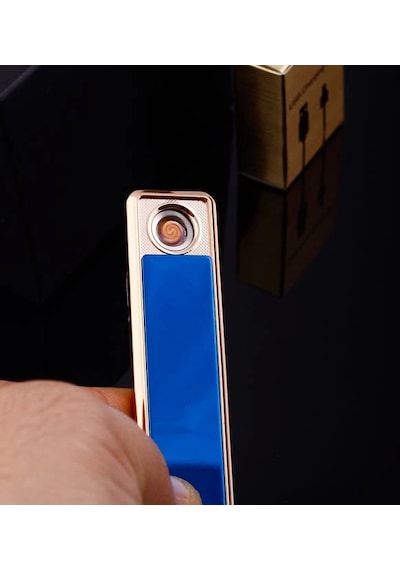 Şık Görünümlü Usb Şarjlı Rezistanslı İnce Slim Metal Çakmak Mavi Lisinya