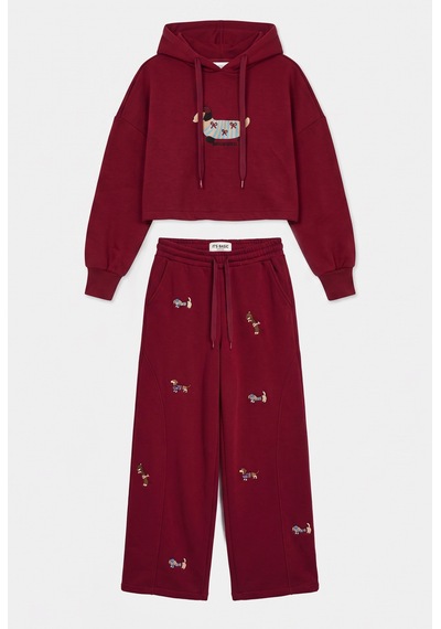 Kadın Bordo W6-35 Sweatshirt Eşofman Pantolon 2'li Nakış Figürlü Tasarım Takım