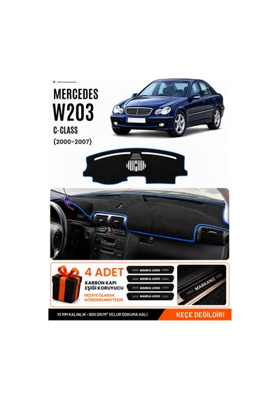 Mercedes W203 C-class 2000-2007 Uyumlu Torpido Örtüsü, Torpido Kılıfı - Siyah Mavi