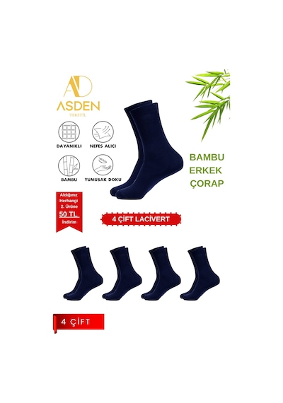 Asden Bambu Erkek Beyaz Soket Çorap 12'li Paket, Burun Dikişsiz, Yıkamalı 4 Lacivert