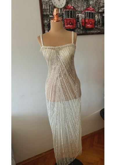 Chica Rosa Fashion Pudra Sarı Taşlı Kristal Abiye Elbise