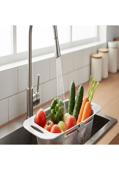 Sürgülü Pratik Ayarlanabilir Lavabo Süzgeci, Ayarlı Süzgeç, Meyve Sebze Salata Yıkama Süzgeci Gri Çok Renkli