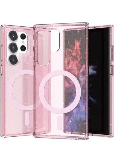 Galaxy S23 Ultra Kılıf M-safe Şarj Özellikli Parlayan Simli Saydam Renkli Zore Allstar Kapak Pembe