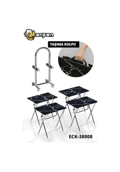 Eranş Serisi 4'lü Katlanır Cam Beyaz Gri Desen Çanta Zigon Sehpa Krom Ayak Siyah Mermer