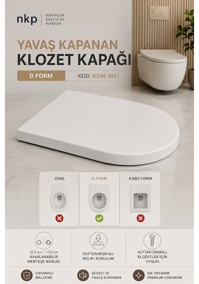 İnci D Form Yavaş Kapanan Klozet Kapağı Thermoplast Üstten Montaj Soft Close Beyaz