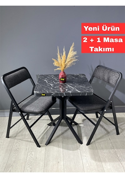 Mercan Siyah Mermer 2 Kişilik Kare Mutfak Yemek Masası Takımı 2+1 Keten Gri 60 Cm Siyahmermer Gri 2'li