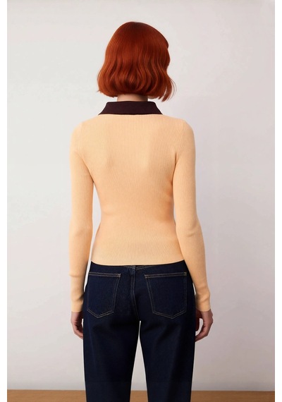 Frm Kadın Fitted İnce Polo Yaka Triko Body Kazak Fitilli Dokuma Basic sarı