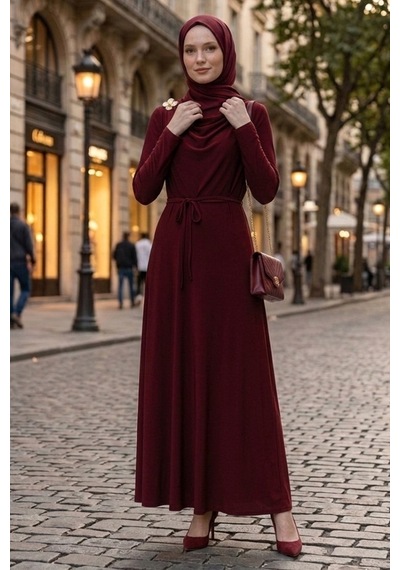 Bestenur Şal Bağlamalı Elbise 1691 - Bordo Bordo