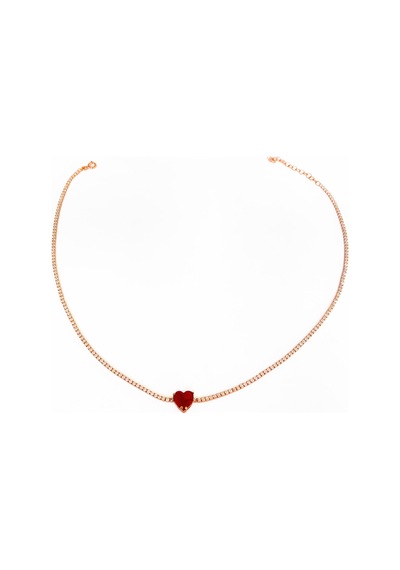 Renkli Taşlı Kalpli Su Yolu Zincirli Gümüş Choker Rose Gold