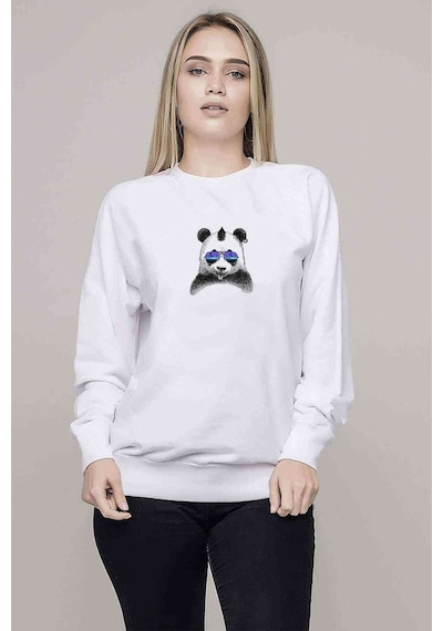 Thor Hummers Neatoshop Dj Punk Panda Baskılı Beyaz Kadın Sweatsh