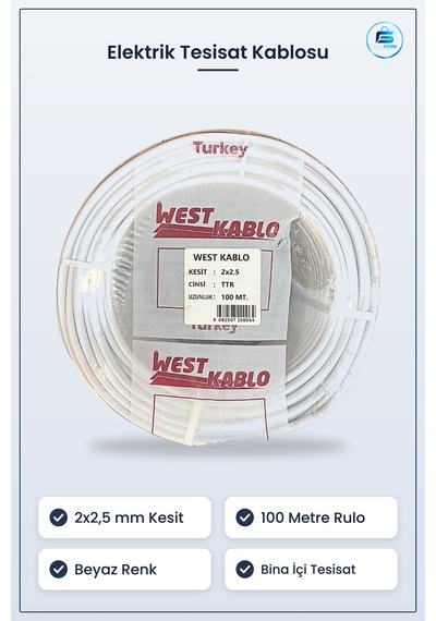 Ttr Elektrik Tesisat Kablosu 2x2,5 Mm 100 Metre Beyaz Kablo Rulo