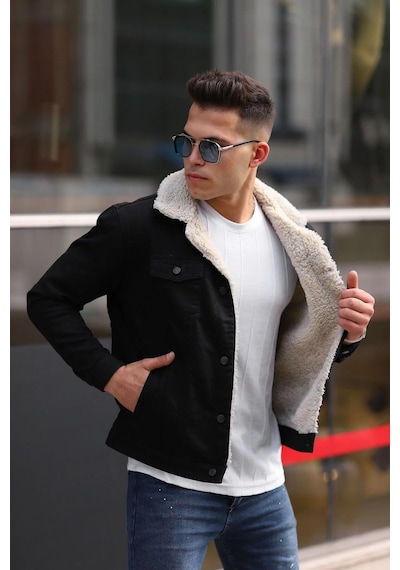 E-fendi Erkek Kürklü Denim Kot Mont Kışlık Sıcak Ve Şık Dış Giyim Siyah - Bej