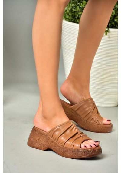 Fox Shoes S996443009 Taba Kalın Tabanlı Kadın Terlik Taba
