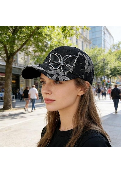 Valkyrie Kadın Siyah Dantel Şapka Taş İşlemeli Çiçek Detaylı Ayarlanabilir Baseball Cap Yazlık Şapka