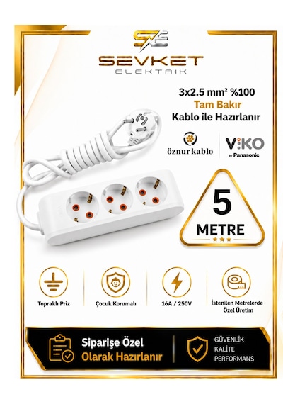 Viko 3'lü Grup Priz 5 Metre Beyaz 3x2,5 Kalın Kablolu Uzatma Kablosu 5 M