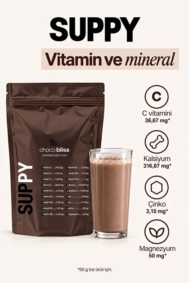 Suppy Choco Bliss Proteinli Öğün Tozu Çikolata Aromalı Vitamin & Mineral Destekli Pratik Öğün