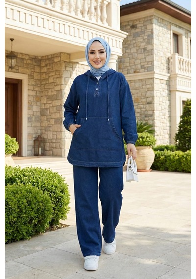Hb Harma Time Butik Kadın Kapüşonlu, Düğmeli Ve Cepli Koyu Kot Mavi Tunik Pantolon Takım Koyu Mavi