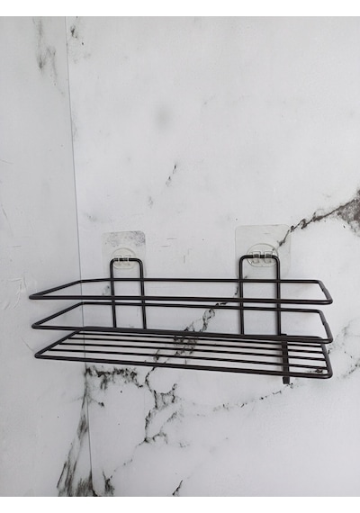 Yapışkanlı Kancalı 2 Adet Banyo Rafı Mat Siyah Banyo Duş Rafı Siyah
