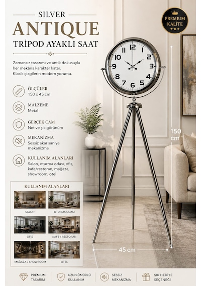 Silver Antiique 150 X 45 Cm Tripod Ayaklı Saat Krom