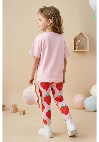 Zuzunga Strawberry Love Baskılı Kız Çocuk Tayt Takım Pembe Çilek Desenli