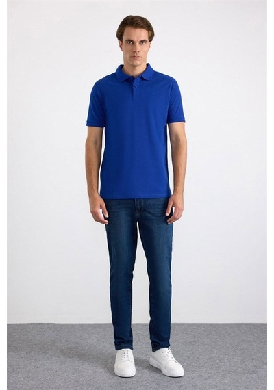 Süvari Saks Mavi Slim Düz Nakışlı Pike Düğmeli Polo Yaka Tişört Ts1014000474-m05