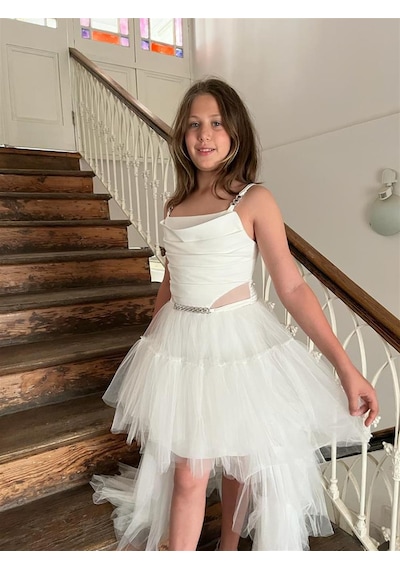 Butikhappykids Kız Askılı Beyaz Zincir Detaylı Kat Etekli Kuyruklu Abiye 10-15 Yaş Beyaz