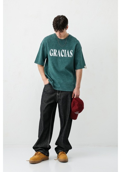 Vamos Oversize Baskılı Tişört V70-143 Yeşil