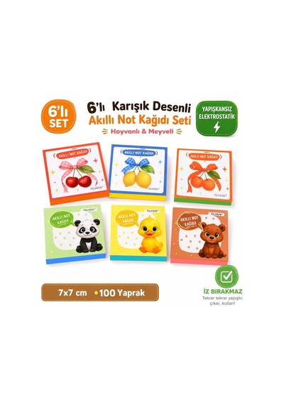 Meyveli Hayvanlı 6'li Mini Akıllı Not Kağıdı Seti 100 Sayfa Yapışkansız Post-it
