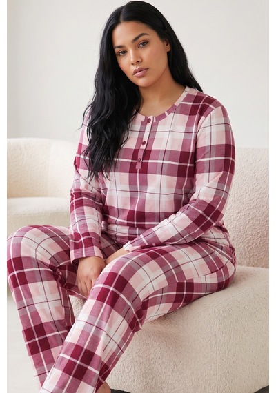 Siyah İnci Düğmeli Pamuklu Likralı Büyük Beden Battal Boy Örme Pijama Takım26240959 Vişne