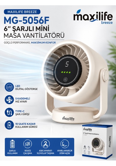 Breeze Mg-5056f 6 İnç Şarjlı Mini Masa Vantilatörü Led Göstergeli 5 Kademeli Hız Ayarlı