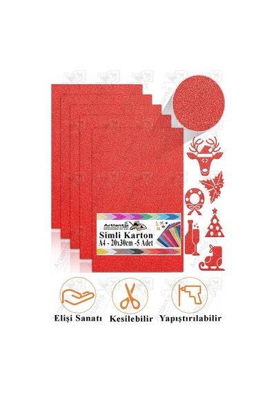 Simli Karton A4 20x30 Cm 5 Li 1 Paket Simli Fon Kartonu Parıltılı Kağıt Anasınıfı Kreş Etkinlik Proje Dekoratif Kırmızı