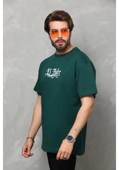 Unisex Bisiklet Yaka Baskılı Oversize T-shirt - Yeşil