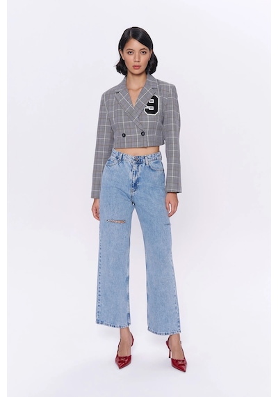 Kareli Çift Düğmeli Crop Blazer Ceket Gri Gri