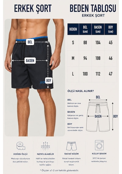 Neco Giyim Erkek Siyah Mavi Beli Lastikli Spor Deniz Şortu Siyah