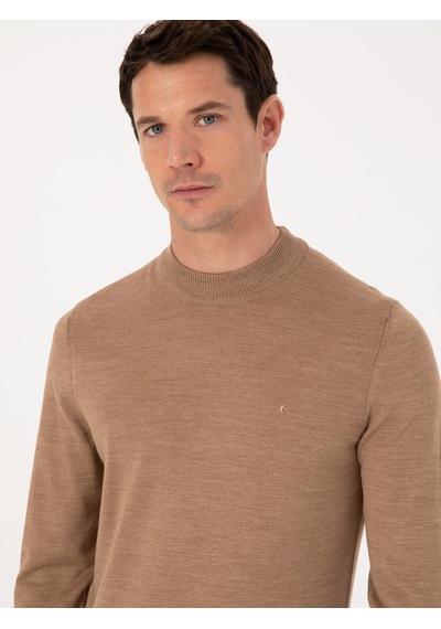 Cacharel Camel Slim Fit Yün Karışımlı Çeyrek Balıkçı Yaka Basic Triko Kazak Kahverengi